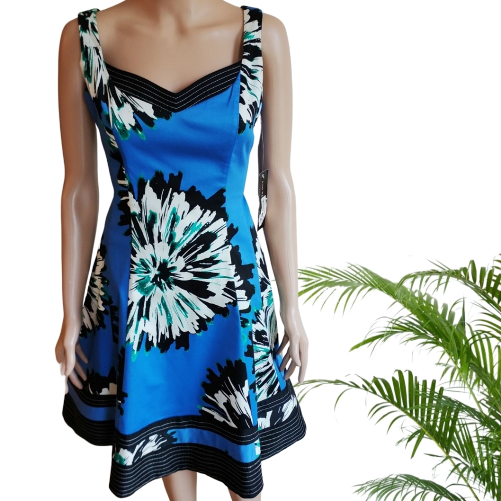 NINE WEST Women's Floral Fit and Flare Sleeveless A Line Blue Dress Size 4 NWT